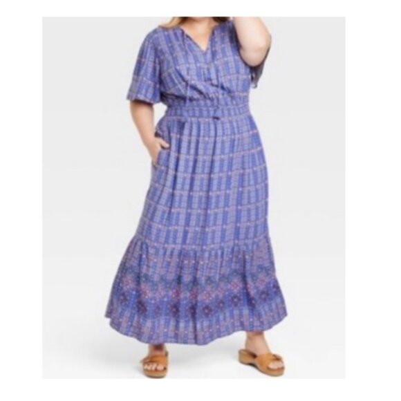 Knox Rose Flutter Sleeve Boho Maxi Dress Blue Pink NWT - Picture 1 of 11